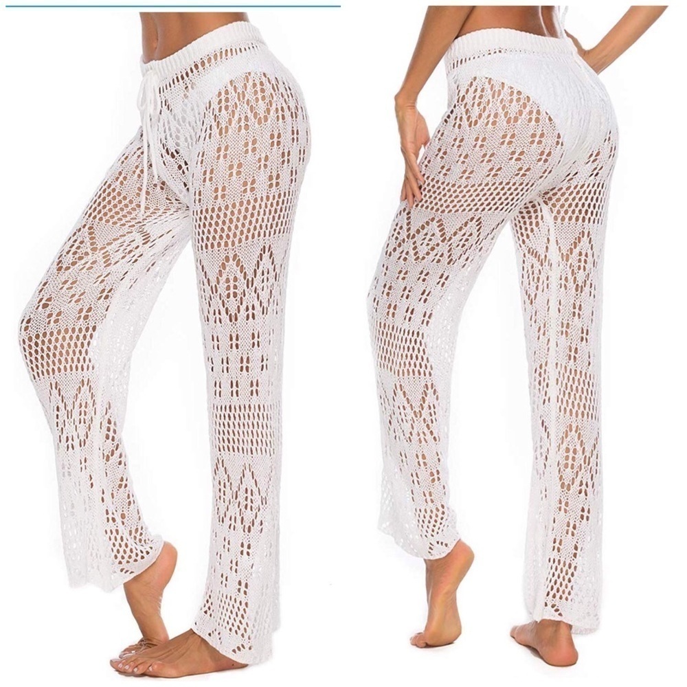 Crochet Beach Coverup Pants Flared Leg High Waist Off White Size Large N…